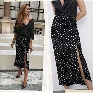 Zara Black & White Polka Dot Midi Long Skirt Women's Large Satin Ruched Bloggers
